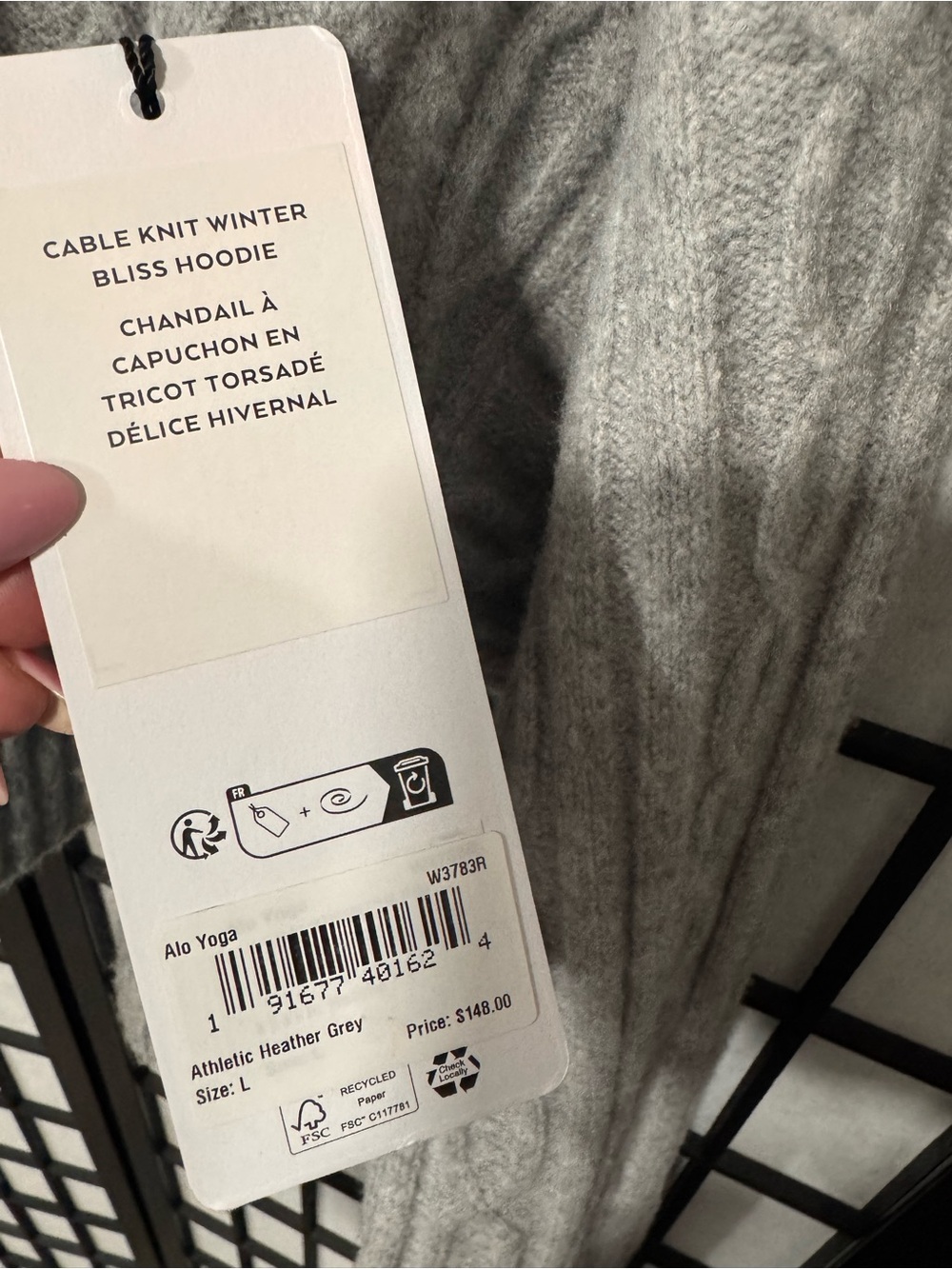 Alo Yoga Cable Knit Winter Bliss Hoodie Athletic Heather Grey Size L NWT - Picture 6 of 11